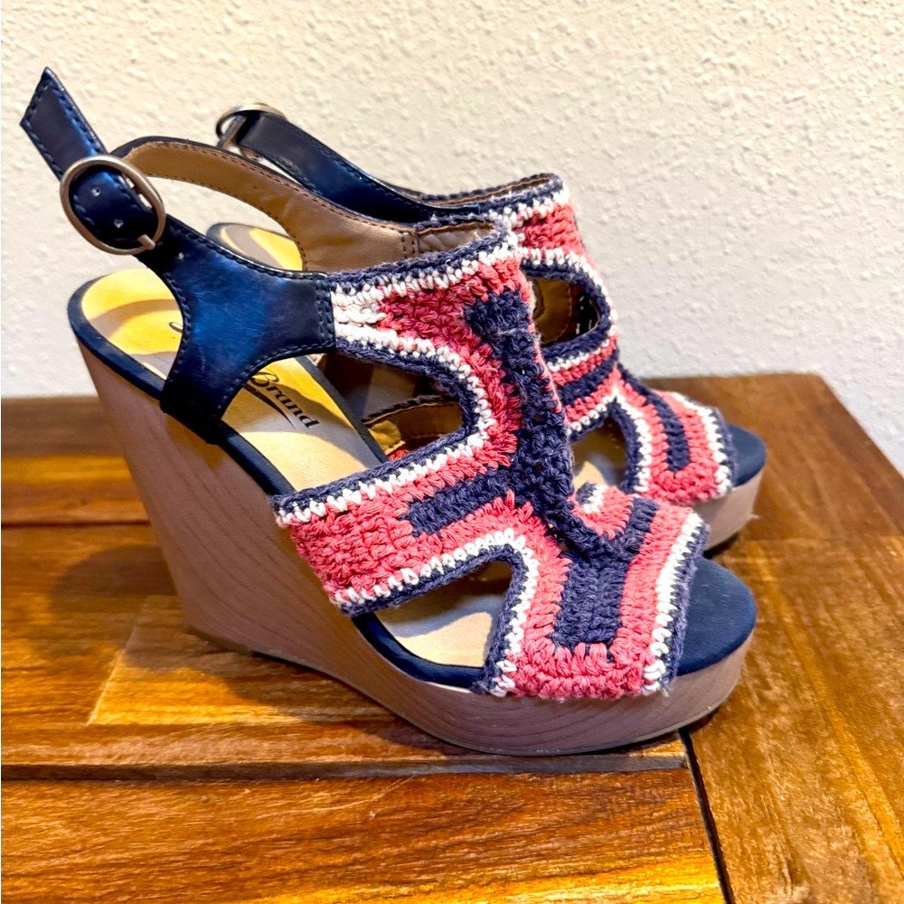 Lucky Brand Crochet Wedge Sandals - Navy and Pink